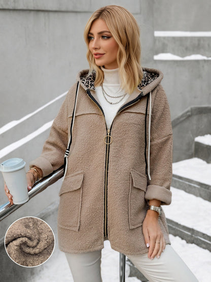 Oversized Hooded Teddy Fleece Coat with Zip Front and Pockets