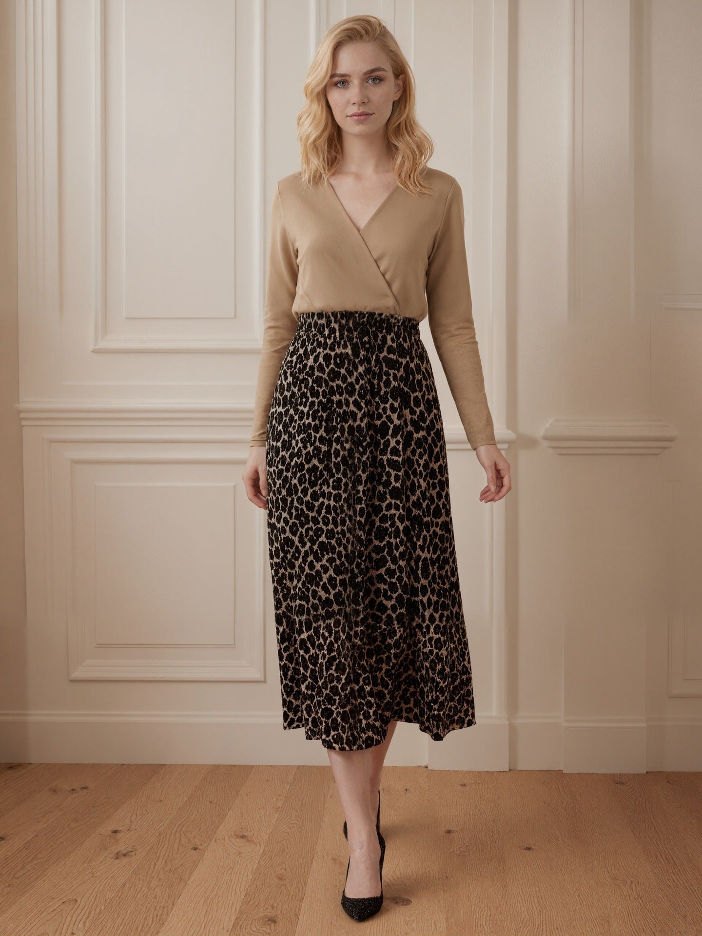 Cross V-Neck Spliced Dress with Leopard Print Skirt