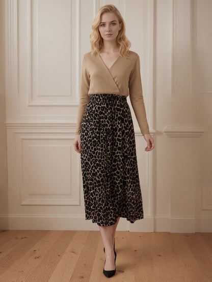 Cross V-Neck Spliced Dress with Leopard Print Skirt
