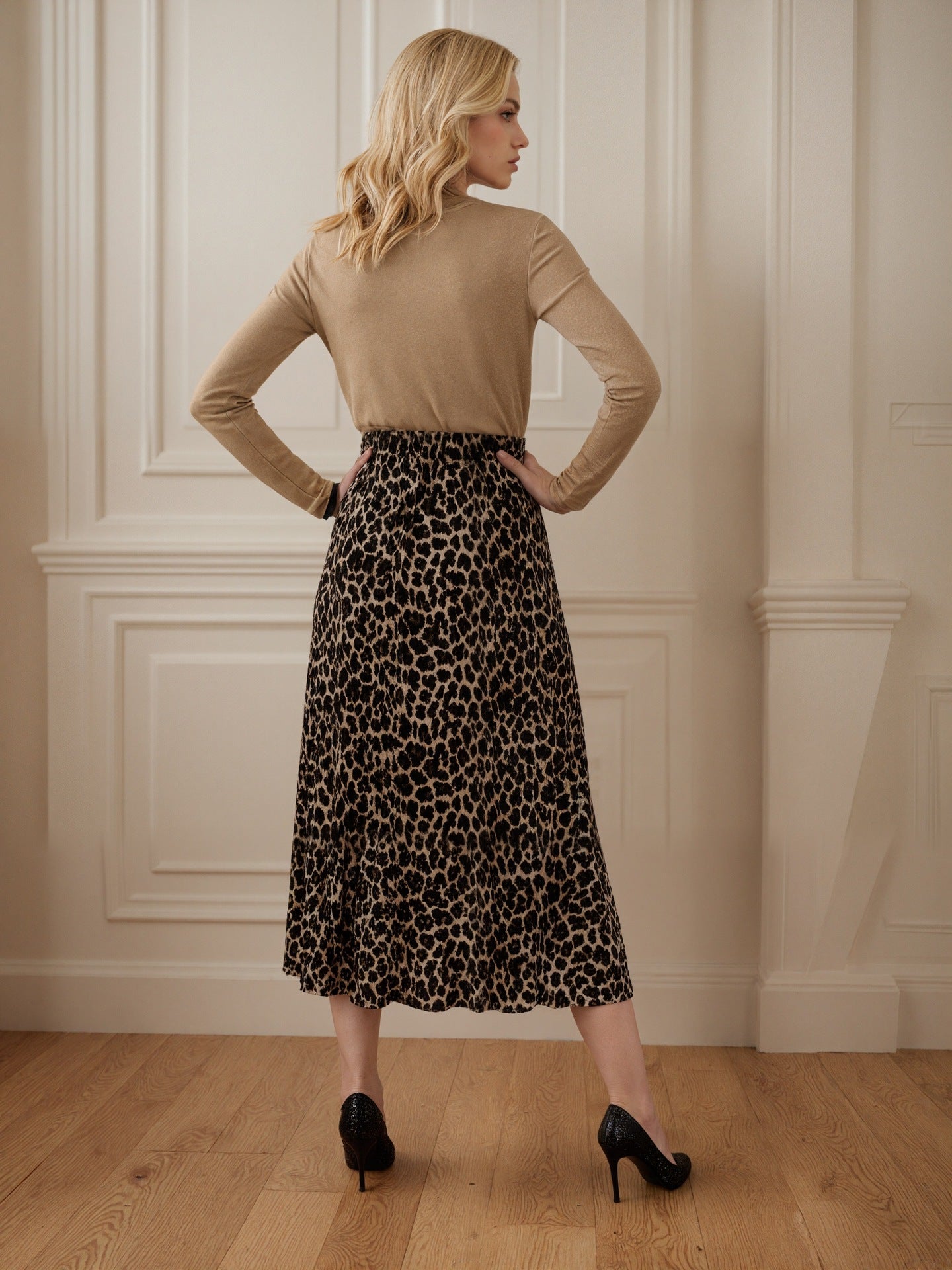 Cross V-Neck Spliced Dress with Leopard Print Skirt