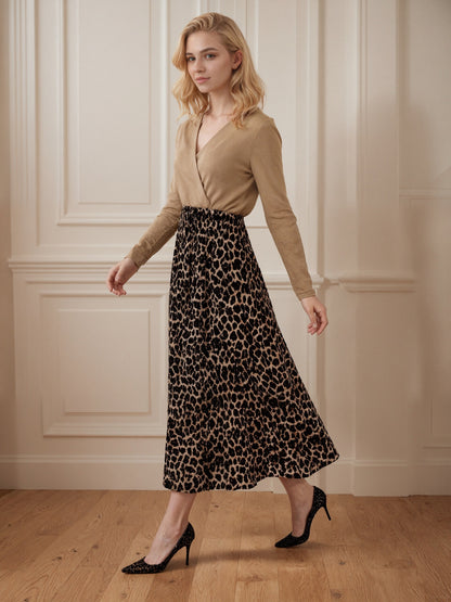 Cross V-Neck Spliced Dress with Leopard Print Skirt