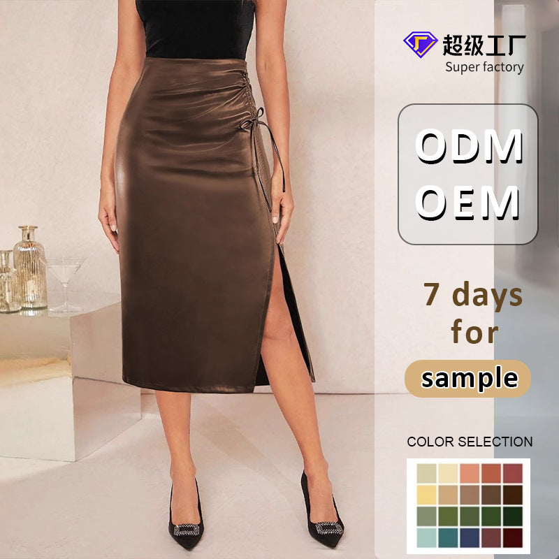 Bodycon Faux Leather Midi Skirt with Ruched Side Slit