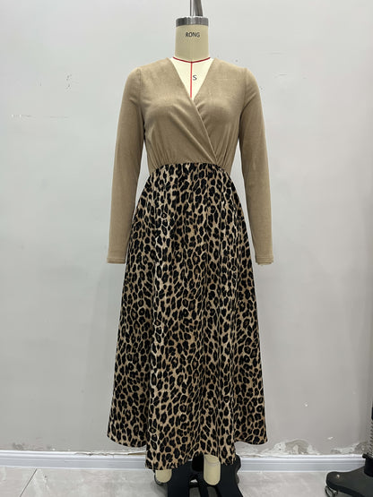 Cross V-Neck Spliced Dress with Leopard Print Skirt