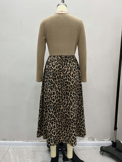 Cross V-Neck Spliced Dress with Leopard Print Skirt