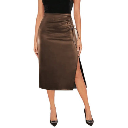 Bodycon Faux Leather Midi Skirt with Ruched Side Slit