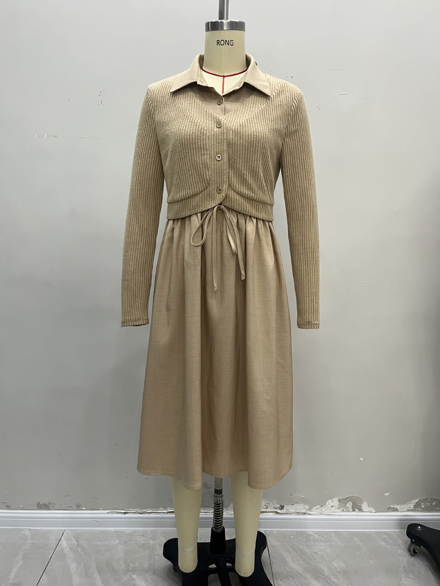Solid Fake Two-Piece Ribbed Knit Shirt Dress with Drawstring Waist