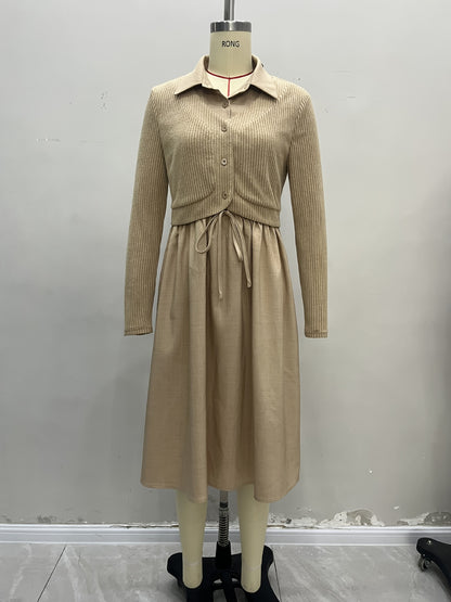 Solid Fake Two-Piece Ribbed Knit Shirt Dress with Drawstring Waist