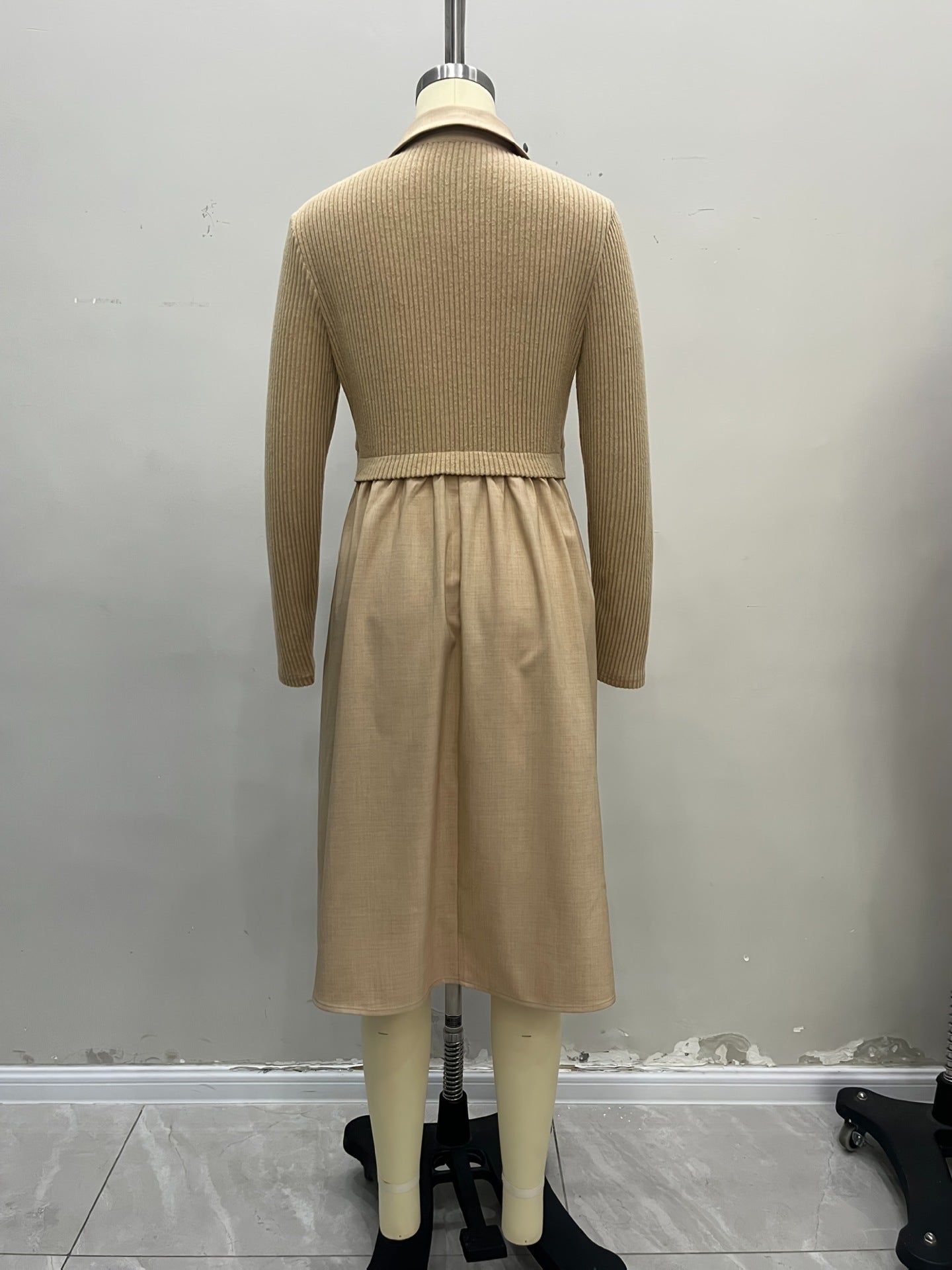 Solid Fake Two-Piece Ribbed Knit Shirt Dress with Drawstring Waist