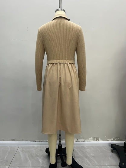 Solid Fake Two-Piece Ribbed Knit Shirt Dress with Drawstring Waist