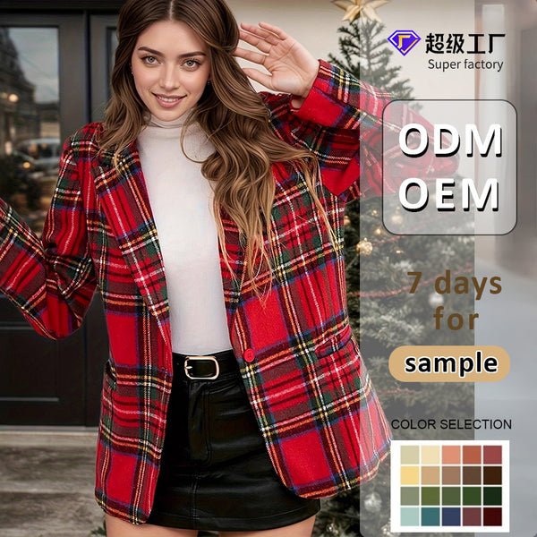 Plaid Blazer with Lapel Collar and Long Sleeves