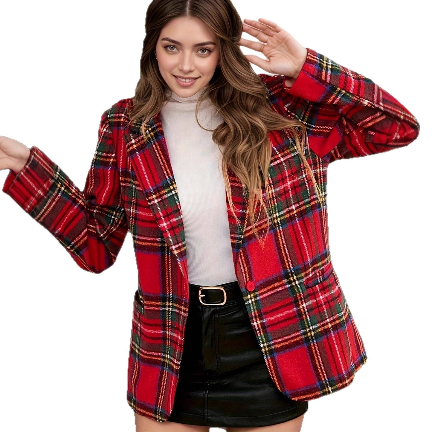 Plaid Blazer with Lapel Collar and Long Sleeves