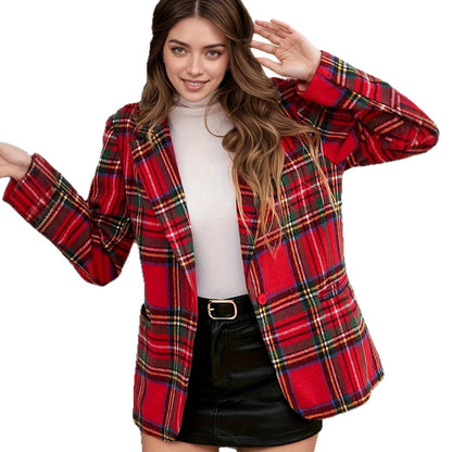 Plaid Blazer with Lapel Collar and Long Sleeves