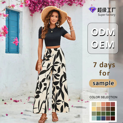 Leaf Print Crop Top & Wide-Leg Pants Two-Piece Set