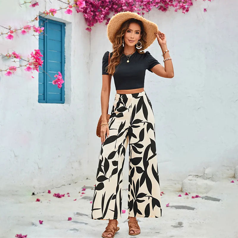 Leaf Print Crop Top & Wide-Leg Pants Two-Piece Set