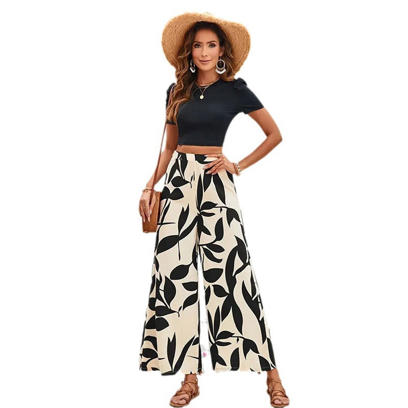 Leaf Print Crop Top & Wide-Leg Pants Two-Piece Set
