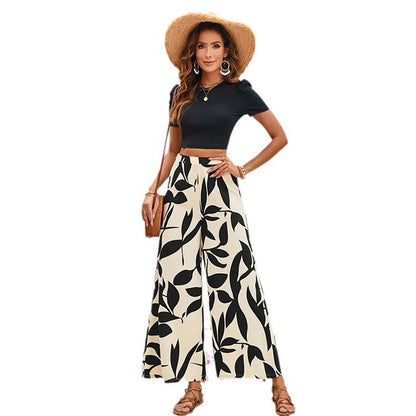 Leaf Print Crop Top & Wide-Leg Pants Two-Piece Set