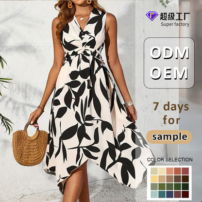 Sleeveless Leaf Print Midi Dress with Twist Waist
