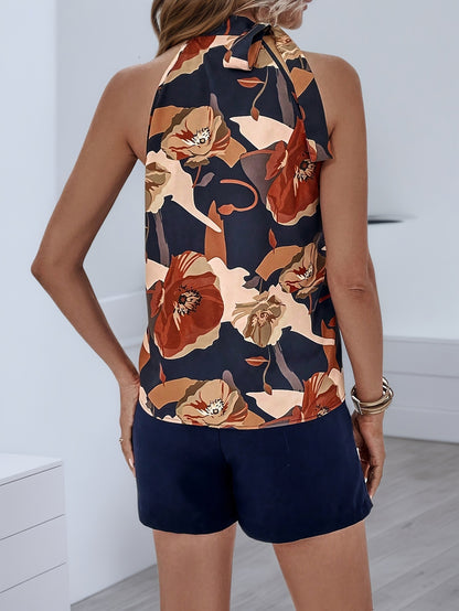 Bohemian Rose Print Halter Top & Shorts Set with Button Front