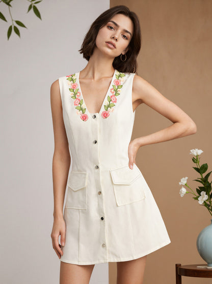A-Line Vest Dress with Floral Embroidered V-Neck