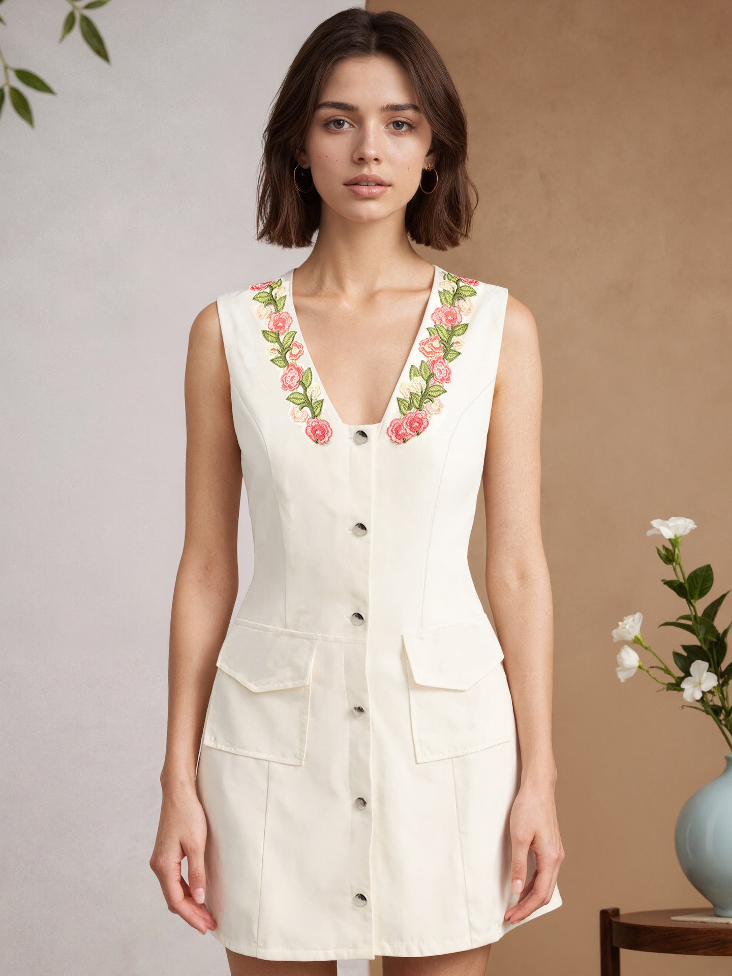 A-Line Vest Dress with Floral Embroidered V-Neck