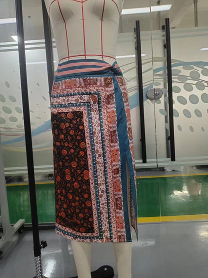 Bohemian Print Wrap Midi Skirt with Front Slit