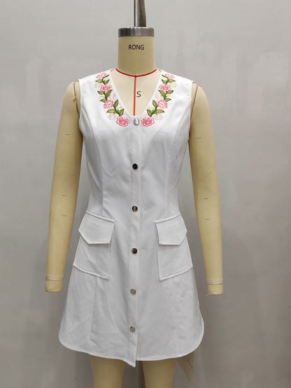 A-Line Vest Dress with Floral Embroidered V-Neck