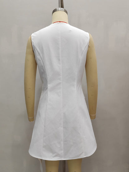 A-Line Vest Dress with Floral Embroidered V-Neck