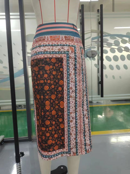 Bohemian Print Wrap Midi Skirt with Front Slit