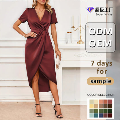 Satin Wrap Dress with Short Sleeves and Irregular Hem