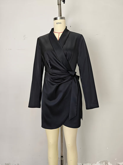 Satin Wrap Dress with V-Neck and Tie Waist