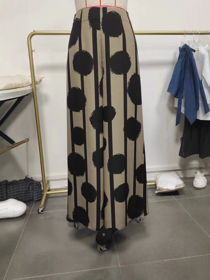 High-Waist Wide-Leg Pants in Circle and Stripe Print