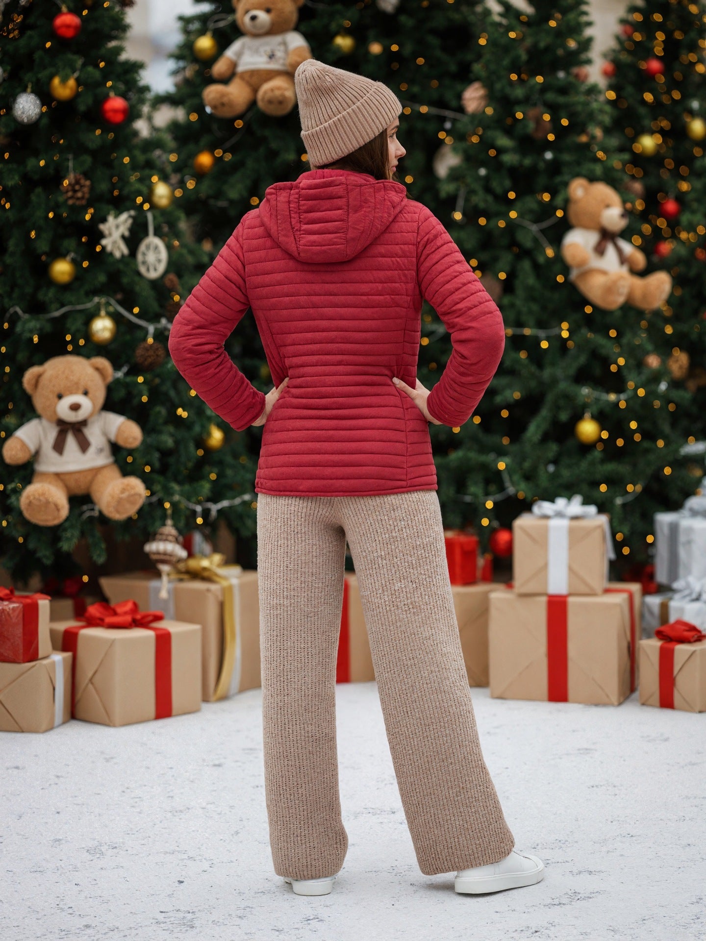 Quilted Padded Jacket with Hood and Zipper Front