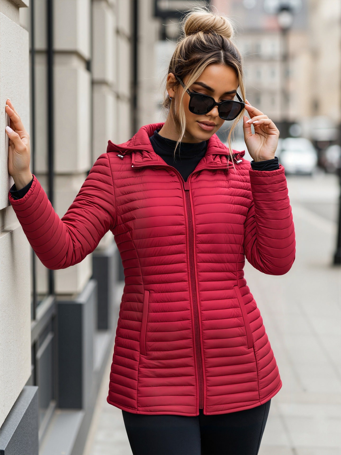 Quilted Padded Jacket with Hood and Zipper Front