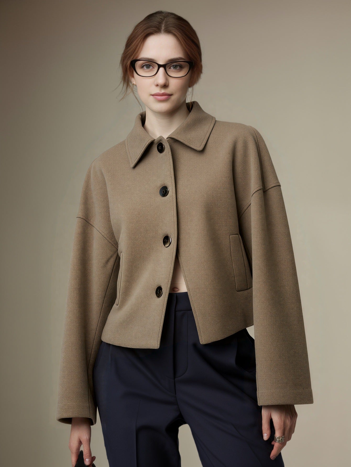 Loose Cropped Jacket in Warm Polyester Blend