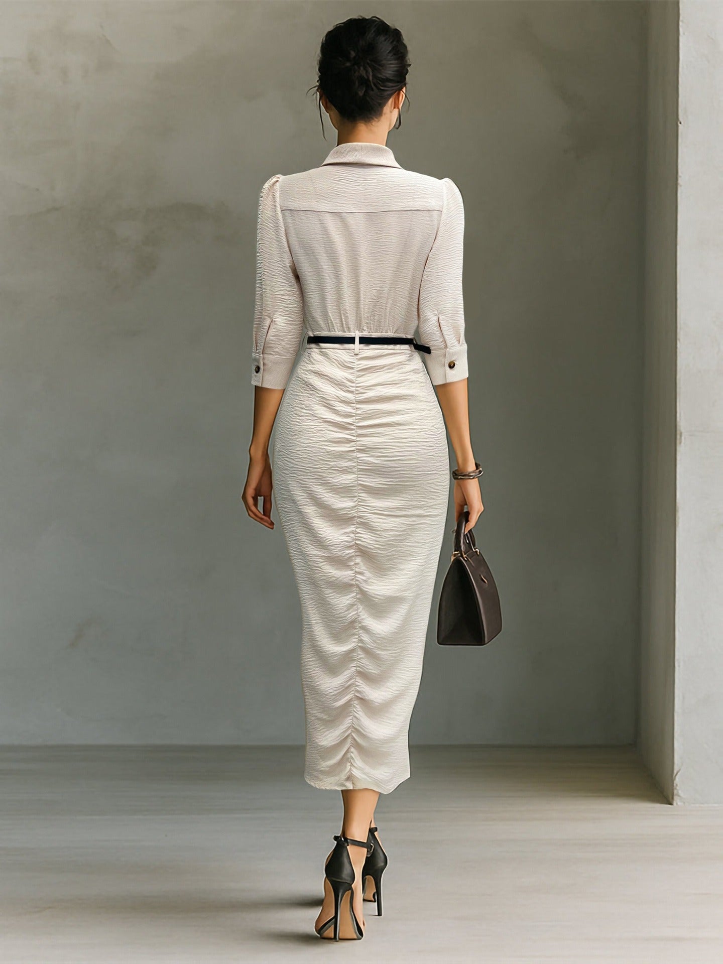 Short-Sleeved Midi Shirtdress with Belt and Ruched Detail