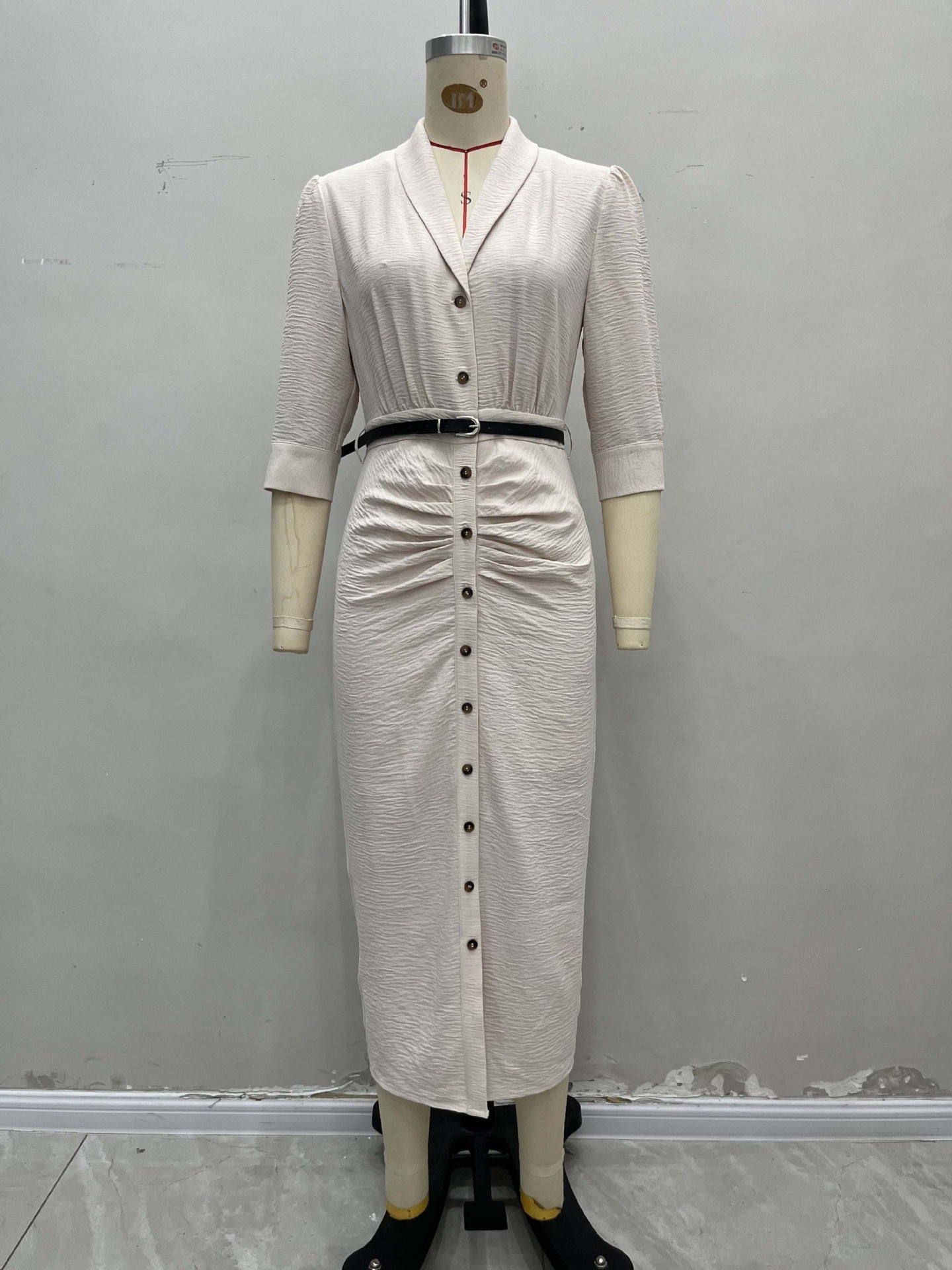 Short-Sleeved Midi Shirtdress with Belt and Ruched Detail