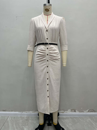 Short-Sleeved Midi Shirtdress with Belt and Ruched Detail