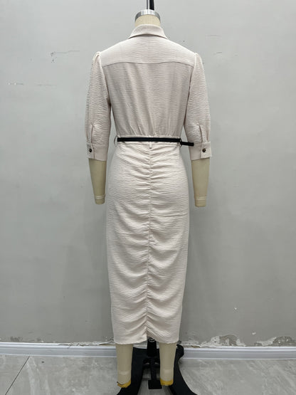 Short-Sleeved Midi Shirtdress with Belt and Ruched Detail