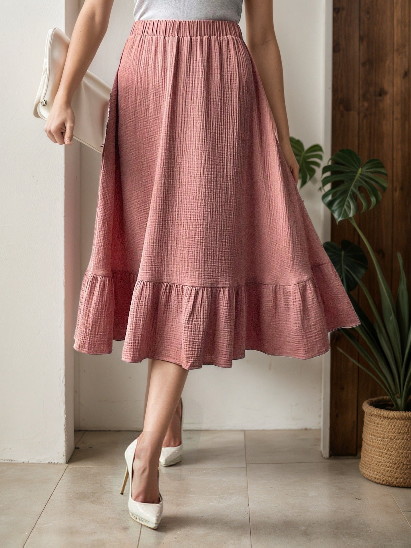 Textured Viscose Midi Skirt with High Waist and Ruffled Hem