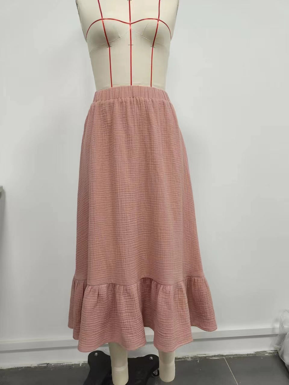Textured Viscose Midi Skirt with High Waist and Ruffled Hem