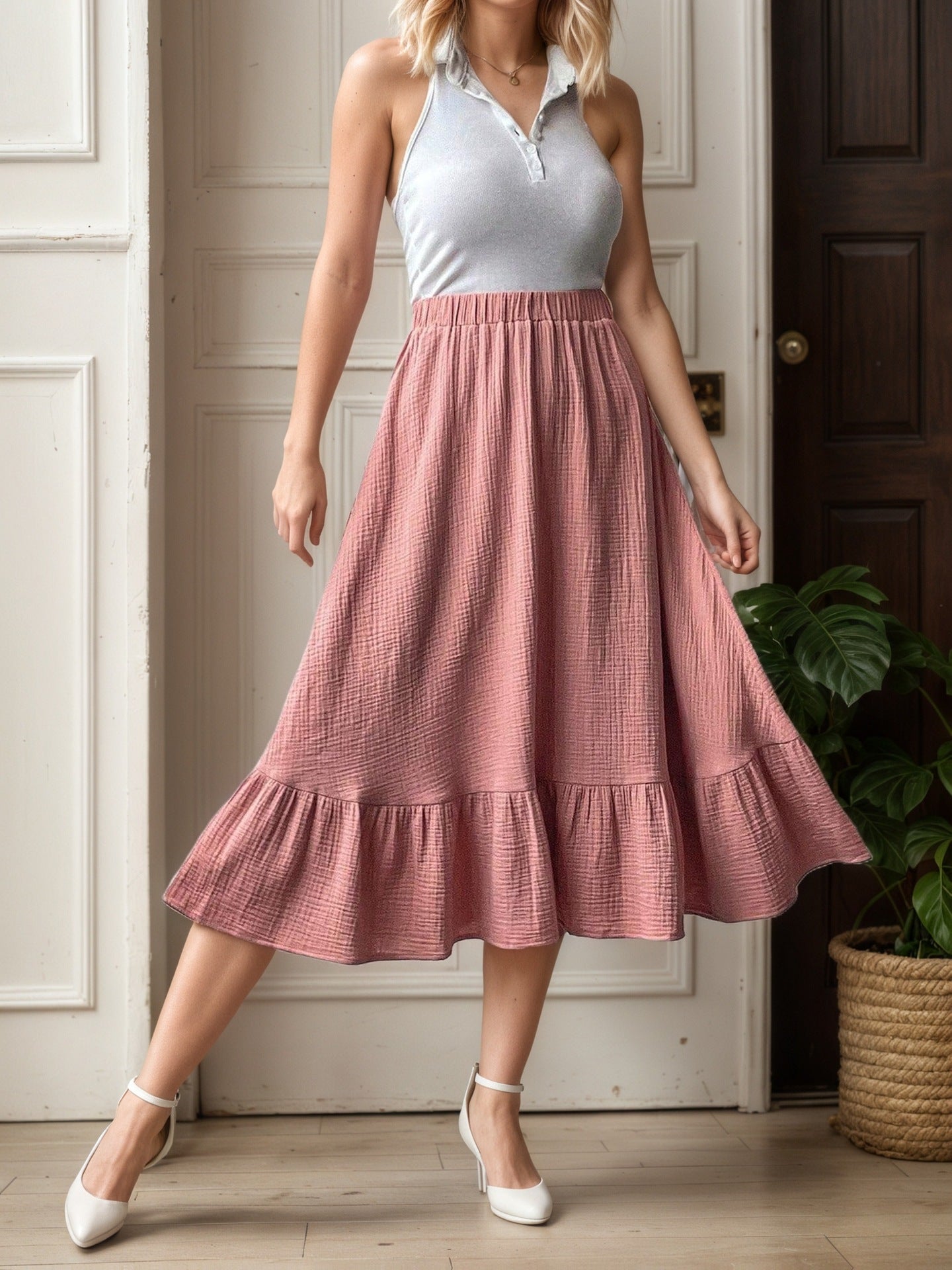 Textured Viscose Midi Skirt with High Waist and Ruffled Hem