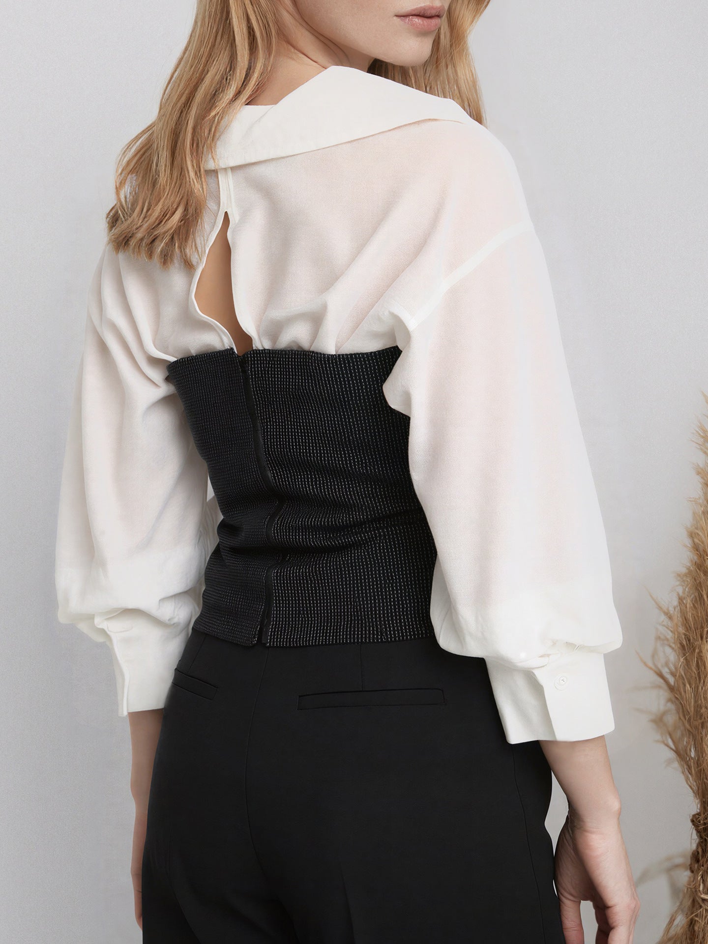 Sheer Lapel Button-Down Shirt with 3/4 Sleeves