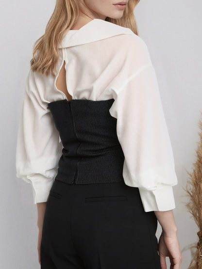 Sheer Lapel Button-Down Shirt with 3/4 Sleeves