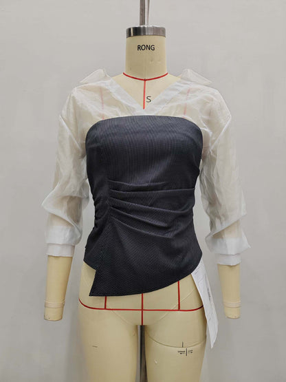Sheer Lapel Button-Down Shirt with 3/4 Sleeves
