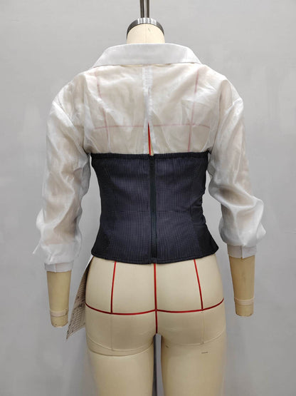 Sheer Lapel Button-Down Shirt with 3/4 Sleeves