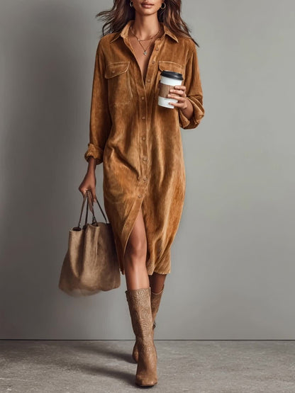 Corduroy Shirt Dress with Lapel Collar and Button Front