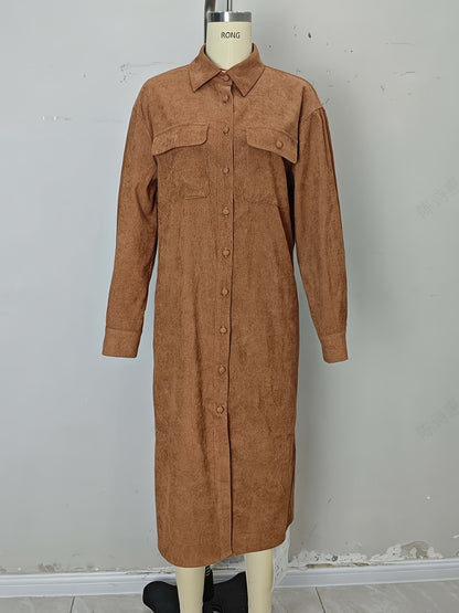 Corduroy Shirt Dress with Lapel Collar and Button Front