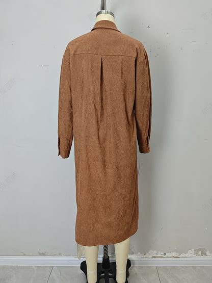 Corduroy Shirt Dress with Lapel Collar and Button Front