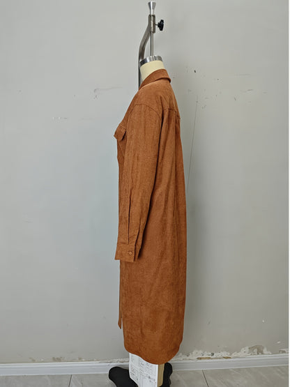 Corduroy Shirt Dress with Lapel Collar and Button Front