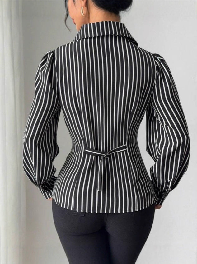Striped Wrap Blouse with V-Neck and Ruched Waist